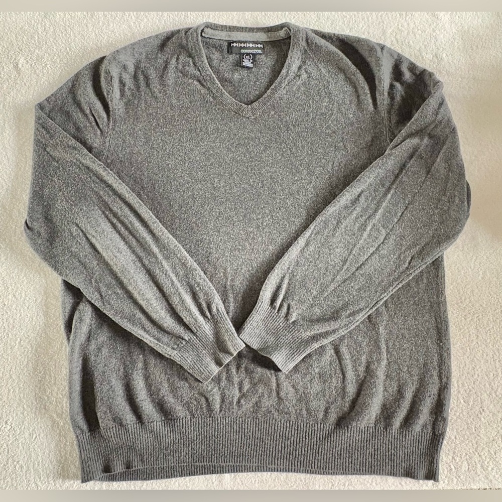 Commerce Men’s V-Neck Sweater Gray Cotton Cashmere Blend XL